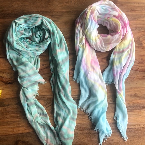Accessories - 2 gauzy scarves pink yellow blue green gray
